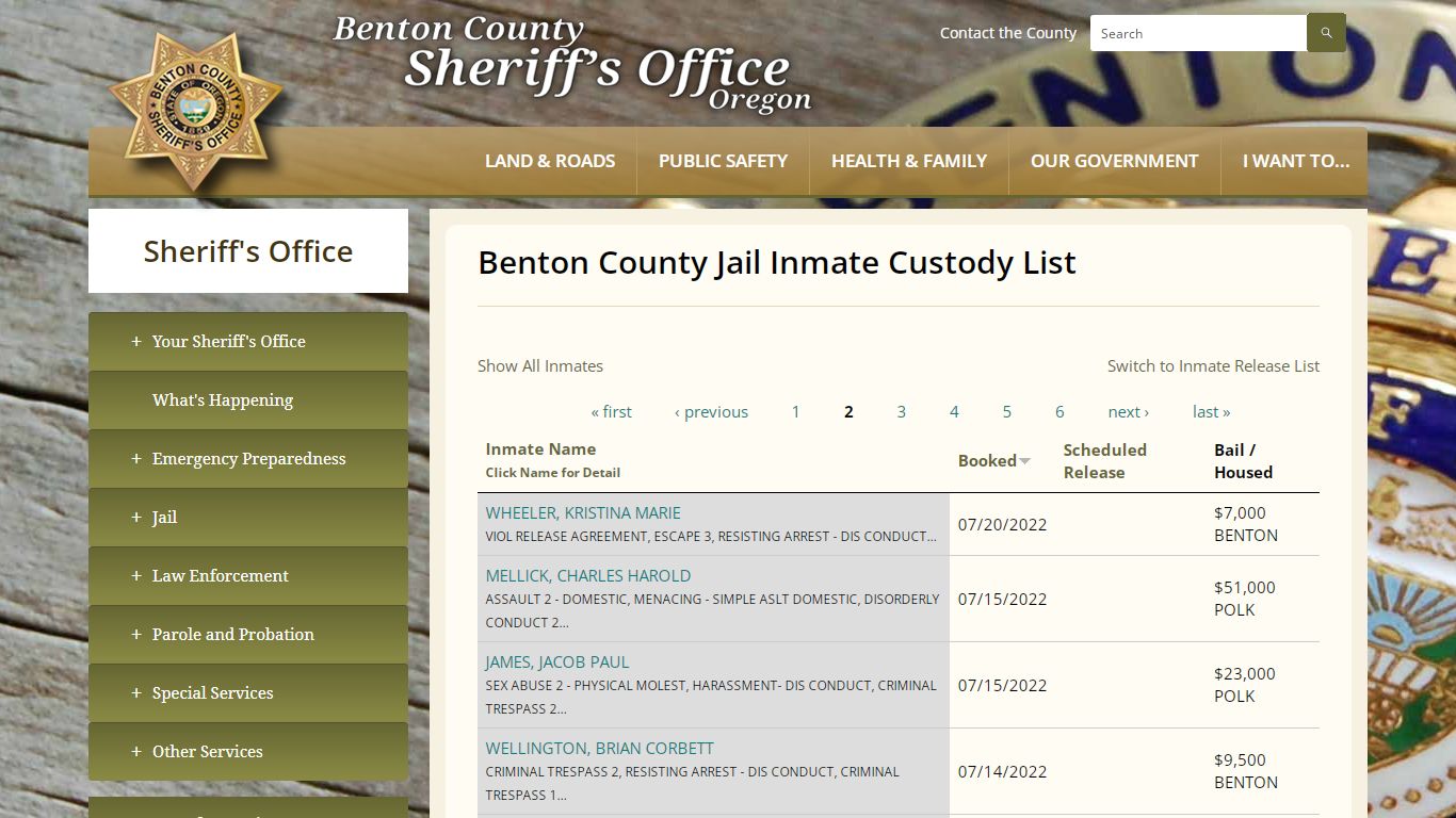 Benton County Jail Inmate Custody List