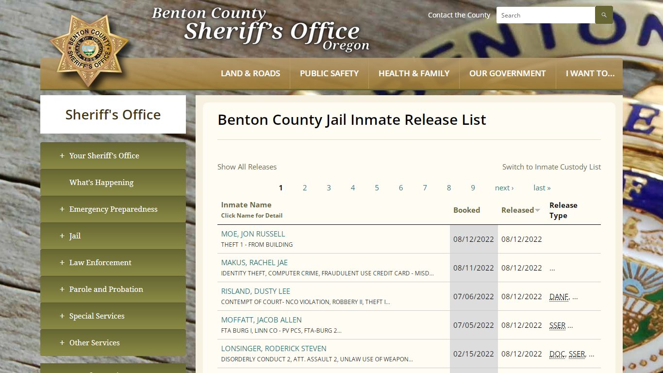 Benton County Jail Inmate Release List | Benton County Oregon